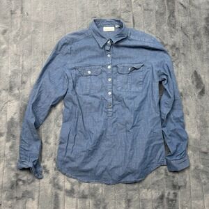 New York & Company Stretch Blue Chambray Popover Shirt Long Sleeve Pockets S